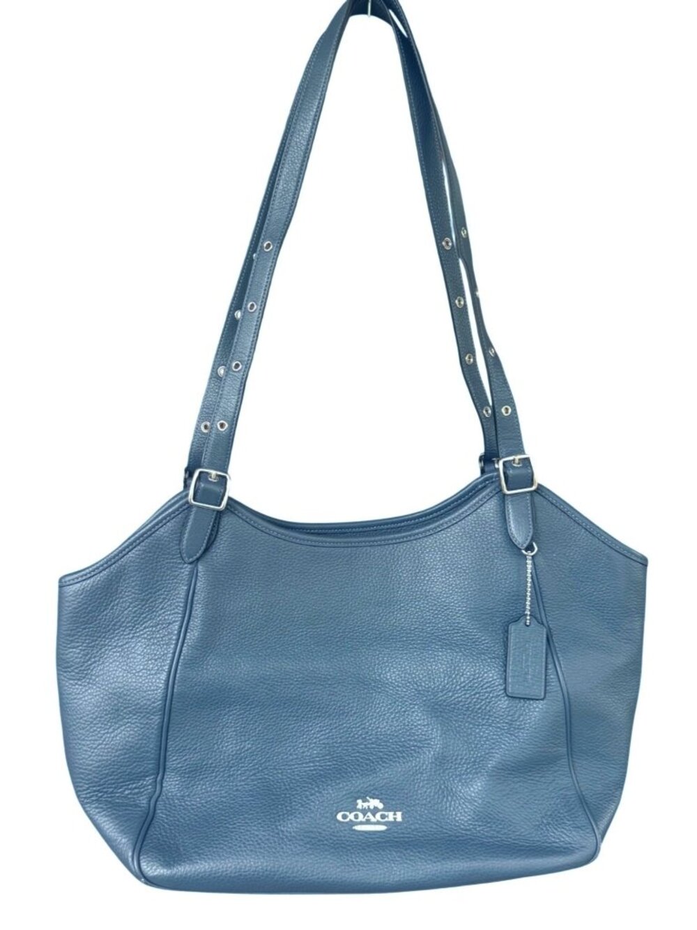 Coach Leather Navy Blue Tote Bag With Adjustable Straps & Silver Hardware